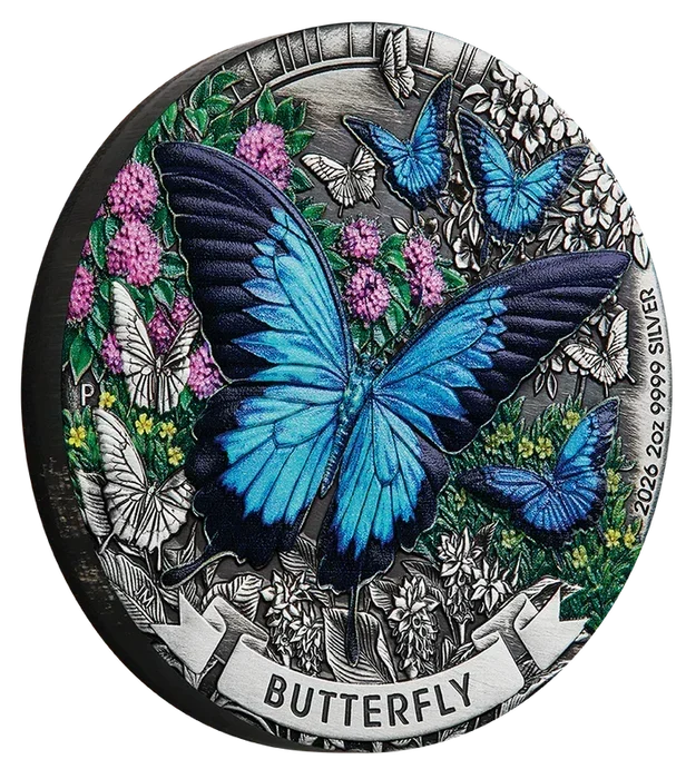Butterfly 2026 2oz Silver Antiqued Coloured Coin