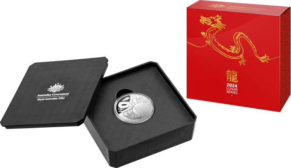 Lunar Year of the Dragon 2024 $5 Domed Fine Silver Proof Coin