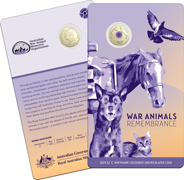 War Animals Remembrance 2024 $2 C Mintmark Coloured Uncirculated Coin