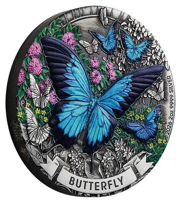 Butterfly 2026 2oz Silver Antiqued Coloured Coin