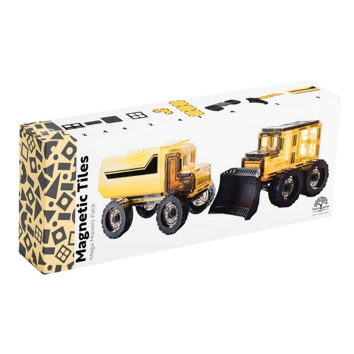 Learn & Grow Mega Movers - Magnetic Tiles Construction Trucks – Magnetic Build a Truck Set with 2 Jumbo Magnet Car Vehicles & Moveable Rubber Wheels