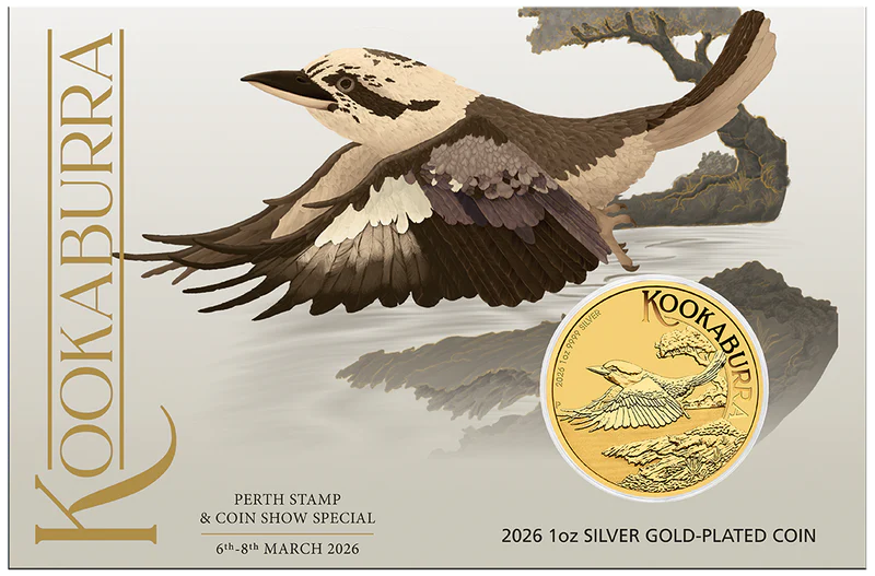 Australian Kookaburra Perth Stamp and Coin Show 2026 1oz Silver Gold-Plated Coin in Card
