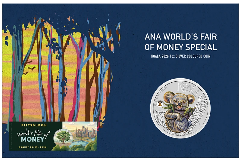 ANA COIN SHOW SPECIAL 2026 KOALA 1OZ SILVER COLOURED COIN WITH LIBERTY BELL PRIVY