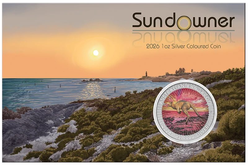 SUNDOWNER RED KANGAROO 2026 10Z SILVER COLOURED COIN IN CARD