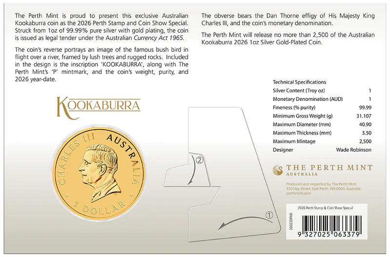 Australian Kookaburra Perth Stamp and Coin Show 2026 1oz Silver Gold-Plated Coin in Card