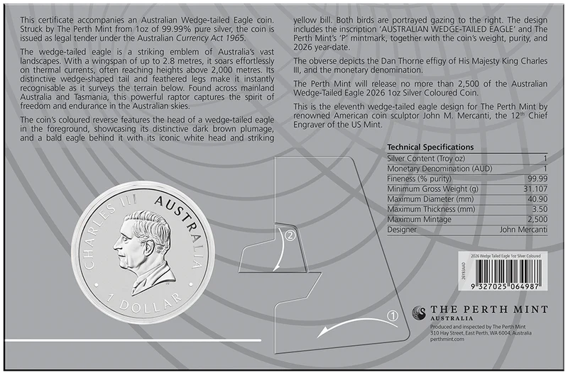 Australian Wedge-Tailed Eagle 2026 1oz Silver Coloured Coin in Card