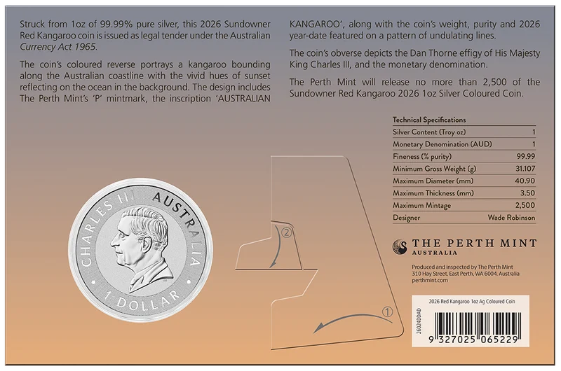 SUNDOWNER RED KANGAROO 2026 10Z SILVER COLOURED COIN IN CARD