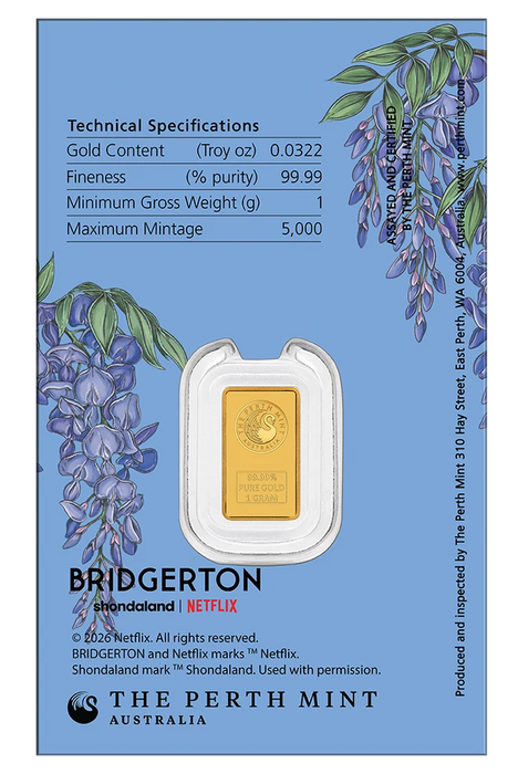 Bridgerton 2026 1g Gold Minted Bar in Card