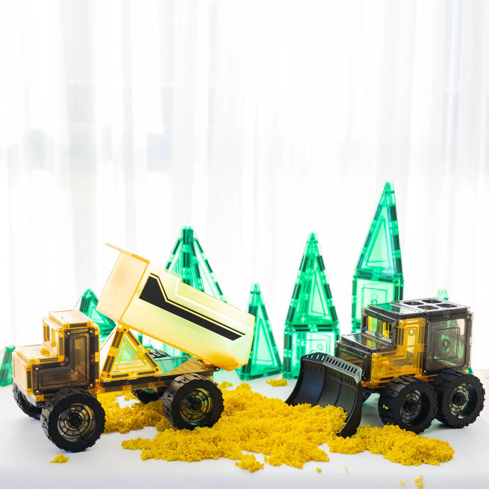 Learn & Grow Mega Movers - Magnetic Tiles Construction Trucks – Magnetic Build a Truck Set with 2 Jumbo Magnet Car Vehicles & Moveable Rubber Wheels