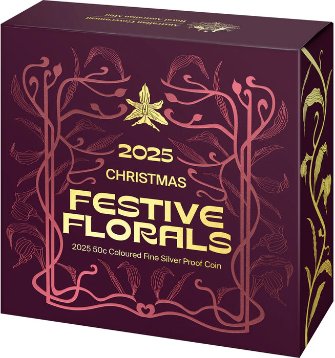 2025 50c Coloured Fine Silver Proof Coin Christmas Festive Florals