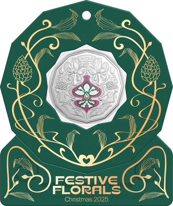 2025 50c Coloured Uncirculated Coin - Christmas Festive Florals