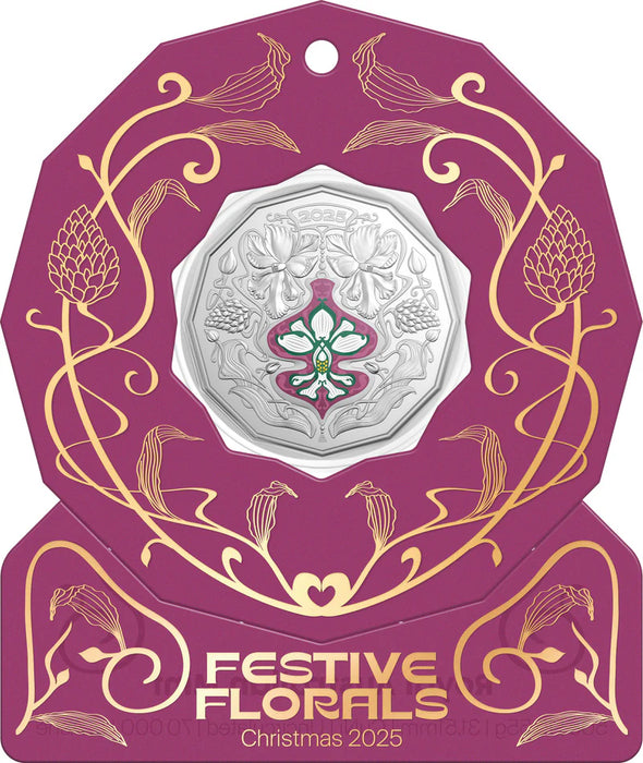 2025 50c Coloured Uncirculated Coin - Christmas Festive Florals