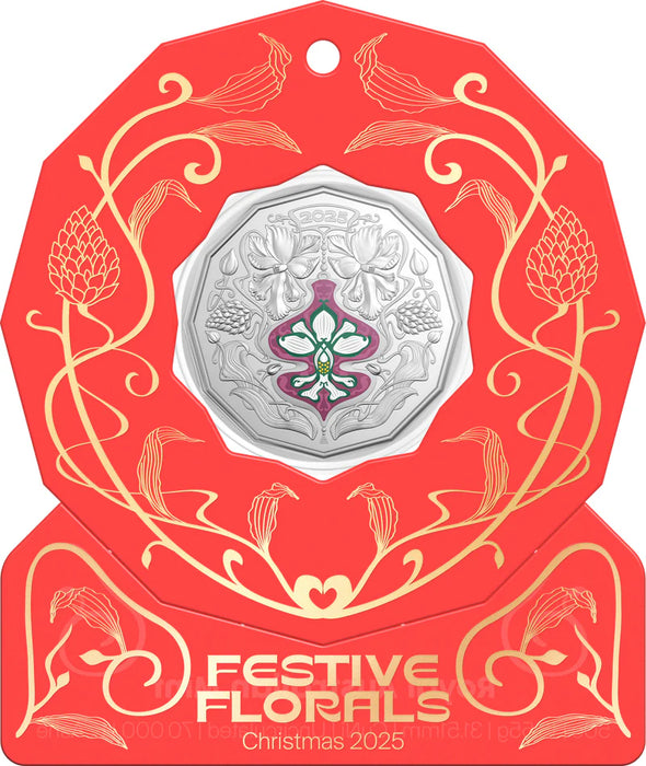 2025 50c Coloured Uncirculated Coin - Christmas Festive Florals