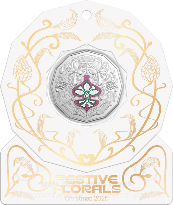 2025 50c Coloured Uncirculated Coin - Christmas Festive Florals