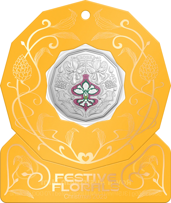 2025 50c Coloured Uncirculated Coin - Christmas Festive Florals