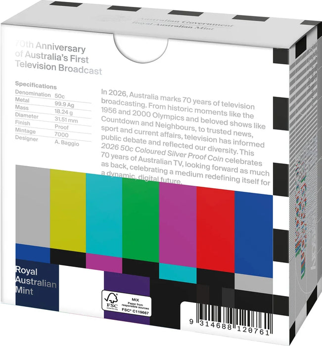 70TH ANNIVERSARY OF AUSTRALIA'S FIRST TELEVISION BROADCAST 2026 50C COLOURED SILVER PROOF COIN