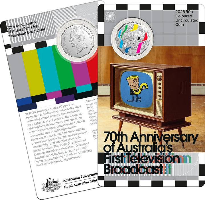 70TH ANNIVERSARY OF AUSTRALIA'S FIRST TELEVISION BROADCAST 50C COLOURED COIN
