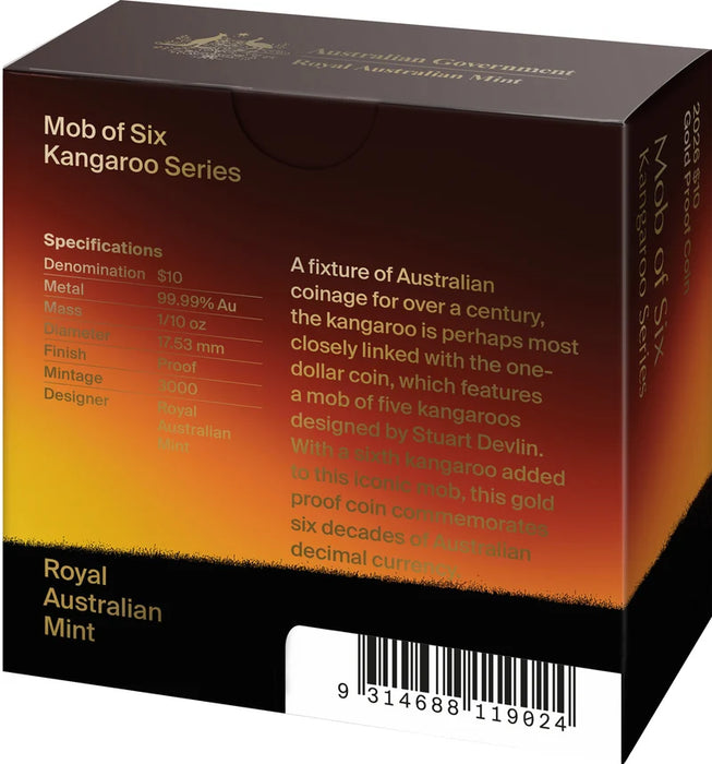 2026 $10 GOLD PROOF COIN MOB OF SIX KANGAROO SERIES 1/10OZ