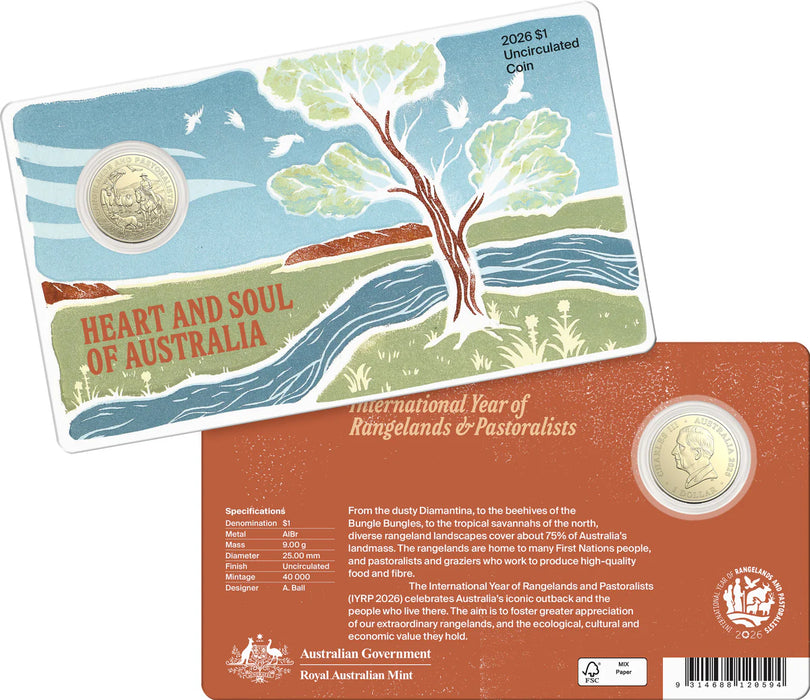 Heart and Soul of Australia International Year of Rangelands and Pastoralist 2026 $1 Uncirculated Coin in Card