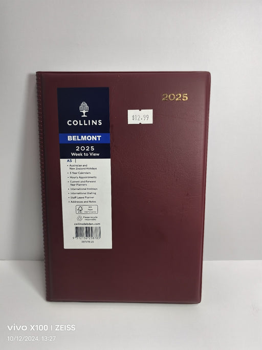 DIARY 2025 COLLINS BELMONT A5 387.V78 PVC WTV BURGUNDY