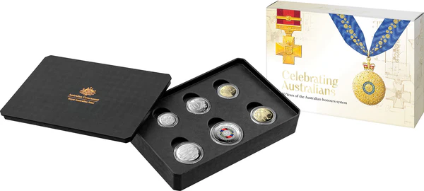 2025 SIX COIN PROOF YEAR SET COLOURED AUSTRALIAN HONOURS AND AWARDS SYSTEM 50TH ANNIVERSARY