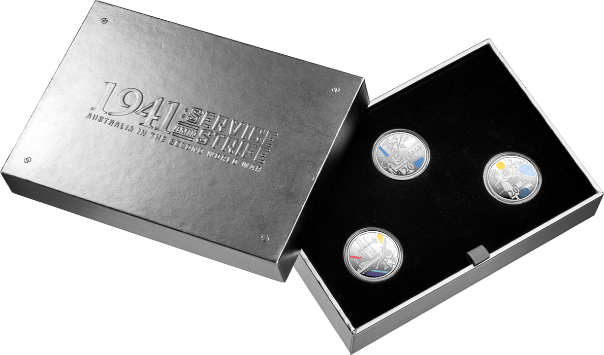 1941 SERVICE AND STRIFE AUSTRALIA IN THE SECOND WORLD WAR 2026 20C COLOURED SILVER PROOF THREE COIN SET