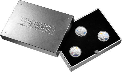 1941 SERVICE AND STRIFE AUSTRALIA IN THE SECOND WORLD WAR 2026 20C COLOURED SILVER PROOF THREE COIN SET