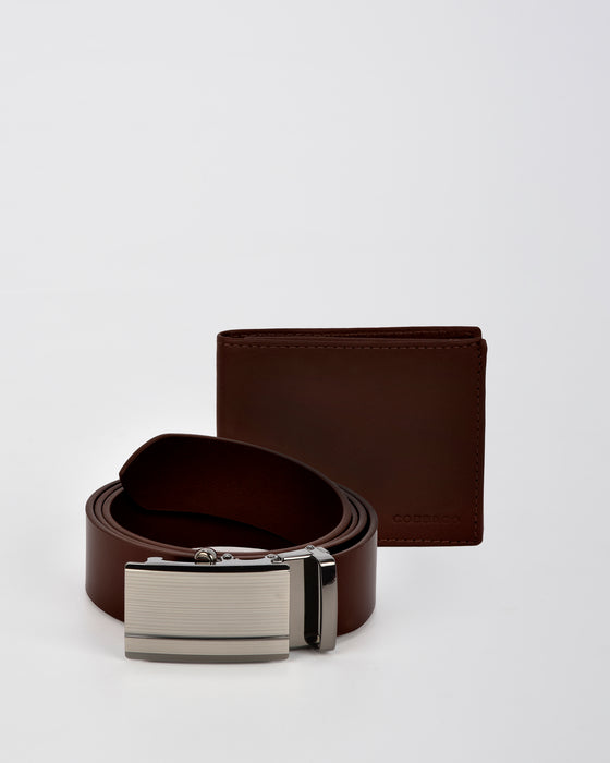 COMBO LEATHER BELT AND WALLET GIFT SET BROWN 