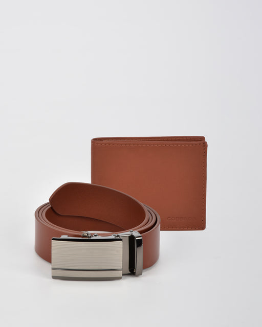 COMBO LEATHER BELT AND WALLET SET TAN