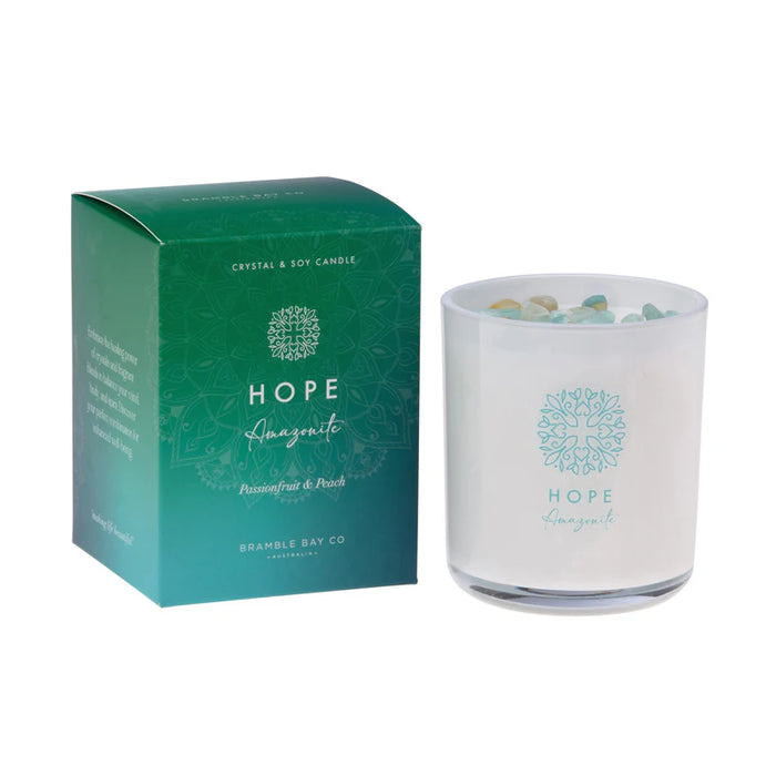 2PK Bramble Bay Crystal Boho Amazonite Hope Candle Passionfruit & Peach 300g