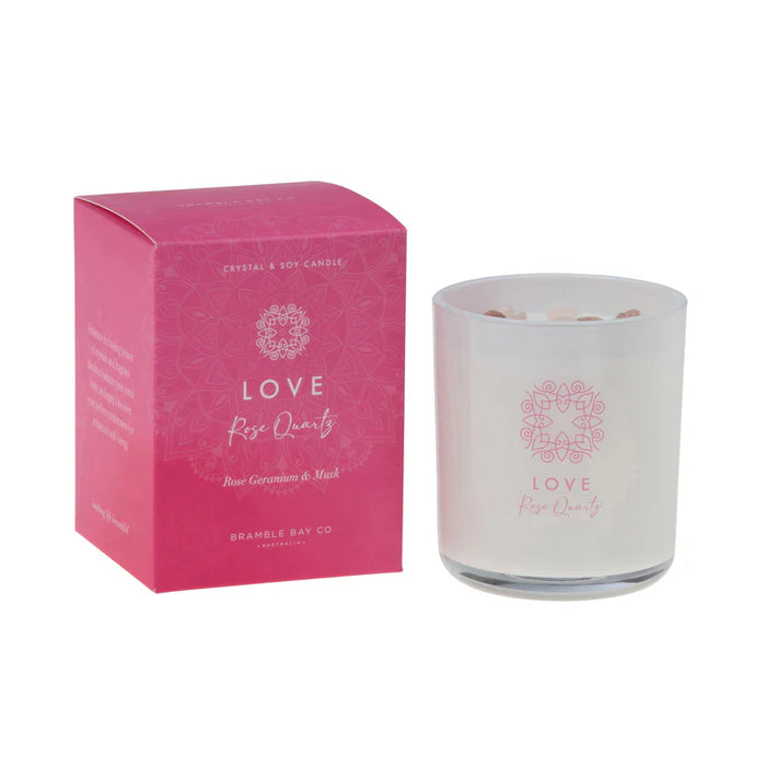 2PK Bramble Bay Crystal Boho Rose Quartz Calm Candle Geranium & Musk 300g