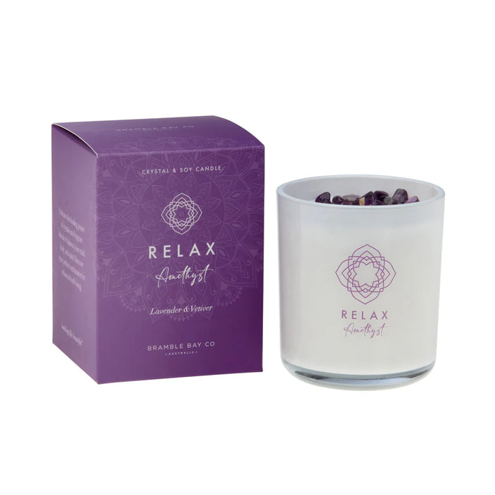 2PK Bramble Bay Crystal Boho Amethyst Relax Candle Lavender & Vetiver 300g
