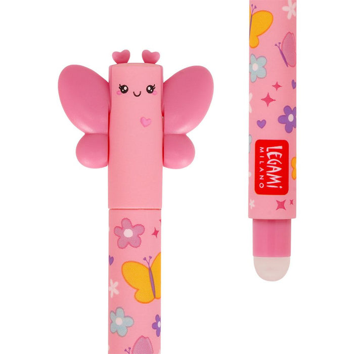 LEGAMI Butterfly - Pink Ink Erasable Gel Pen - Ball End for Ink Removal - 0.7mm Tip - Roller Ball Pen