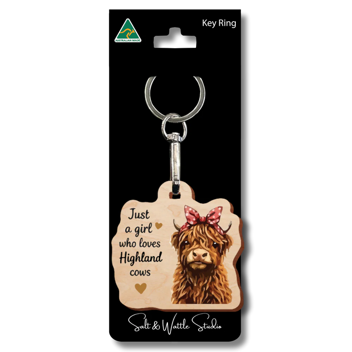 JUST A GIRL WHO LOVES HIGHLAND COWS KEYRING