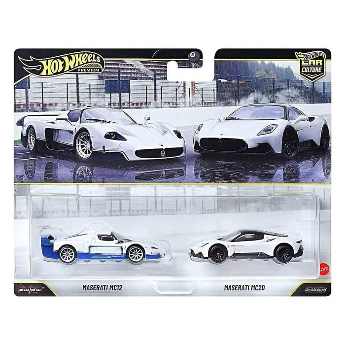 Hot Wheels Premium Toy Car Culture Maserati Die Cast Vehicles Set of 2, 2004 Maserati MC12 & MC20 with Real Riders Tyres and Metal Bodies JHW55
