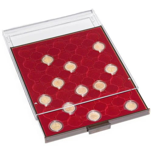 Leuchtturm 35 Round-Spaced Coin Drawer 26mm (Grey/Red) for $1 Coins in Capsule